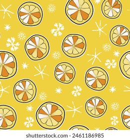 Seamless Christmas cozy winter New Year pattern with cute oranges, lemons, plants and snawflakes on color background. Vector illustration. Design for print, invitation, poster, card, fabric, textile.