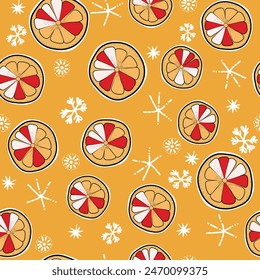 Seamless Christmas cozy winter New Year pattern with cute oranges, lemons, plants and snawflakes on color background. Vector illustration. Design for print, invitation, poster, card, fabric, textile.