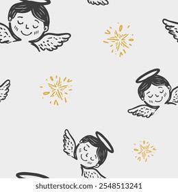Seamless Christmas cute angels  vector pattern for festive design	