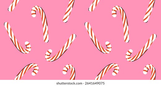 Seamless Christmas cute pattern of candy cane traditional on pink background, colorful modern hand drawn vector illustration, drawing, flat style