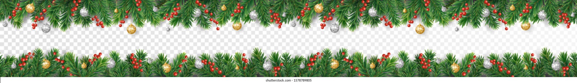 Seamless Christmas decoration isolated on white. Extra wide holiday border, vector frame. Gold and silver ornaments. Red holly berry on pine tree branches. For celebration banners, headers, posters.