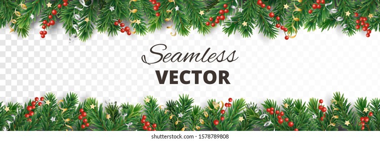 Seamless Christmas decoration isolated on white. Vector holiday border, frame. Gold and silver ornaments. Red holly berry on pine tree branches. For celebration banners, headers, posters.