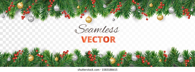 Seamless Christmas decoration isolated on white. Vector holiday border, frame. Gold and silver ornaments. Red holly berry on pine tree branches. For celebration banners, headers, posters.