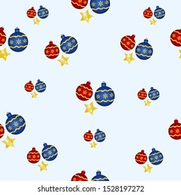 Seamless Christmas decoration pattern with gold stars. Christmas decorations in blue and red color. Vector illustration.