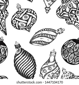 Seamless christmas decoration vintage etching hand drawn pattern on white.  Can be used as background, packaging paper, cover, fabric and etc.