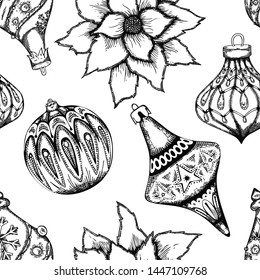 Seamless christmas decoration vintage etching hand drawn pattern on white.  Can be used as background, packaging paper, cover, fabric and etc.