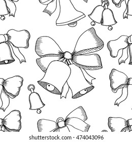 Seamless Christmas decorations background of monochrome balls and bows, bells, star set. Hand-drawn objects set.