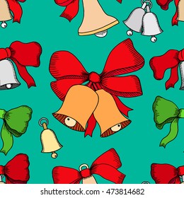 Seamless Christmas decorations background of multicolored balls and bows, bells, star set. Hand-drawn objects set.