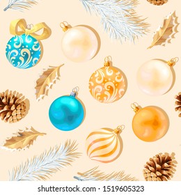 Seamless christmas decorations and holly and cones