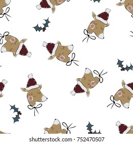 Seamless Christmas deer in hat background. Cartoon style. Vector illustration.