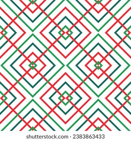 Seamless Christmas diamond pattern made from straight lines to create fabric and wallpaper. Geometric shapes of a fashionable New Year's shade in retro style for the cover template, green and red line