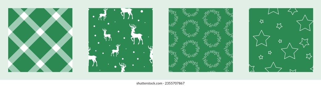 Seamless Christmas Digital Wrapping Paper Pattern with Diamond Check, Reindeer, Festive Wreaths and Stars