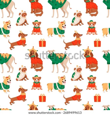 Seamless Christmas dog pattern in flat vector style. Cute festive pets in sweaters create a cozy winter mood, perfect for wrapping paper or textile design.