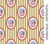 Seamless Christmas doodle pattern with cute hand drawn festive elements: trees, bows, food, and snow. Perfect for fabric, wallpaper, wrapping paper, and cozy winter holiday designs