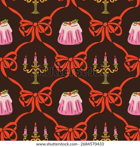 Seamless Christmas doodle pattern with cute hand drawn festive elements: trees, bows, food, and snow. Perfect for fabric, wallpaper, wrapping paper, and cozy winter holiday designs