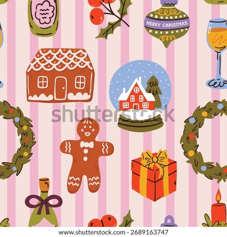 Seamless Christmas doodle pattern with cute hand drawn festive elements: trees, bows, food, and snow. Perfect for fabric, wallpaper, wrapping paper, and cozy winter holiday designs