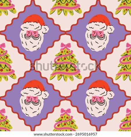 Seamless Christmas doodle pattern with cute hand drawn festive elements: trees, bows, food, and snow. Perfect for fabric, wallpaper, wrapping paper, and cozy winter holiday designs