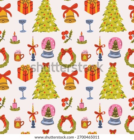 Seamless Christmas doodle pattern with cute hand drawn festive elements: trees, bows, food, and snow. Perfect for fabric, wallpaper, wrapping paper, and cozy winter holiday designs