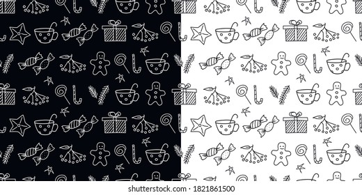 Nahtlose Weihnachts-Doodle-Muster. Freehand-Kontur-Zeichnung in einer Vektorgrafik. Weihnachtssüße, Symbole, Elemente.