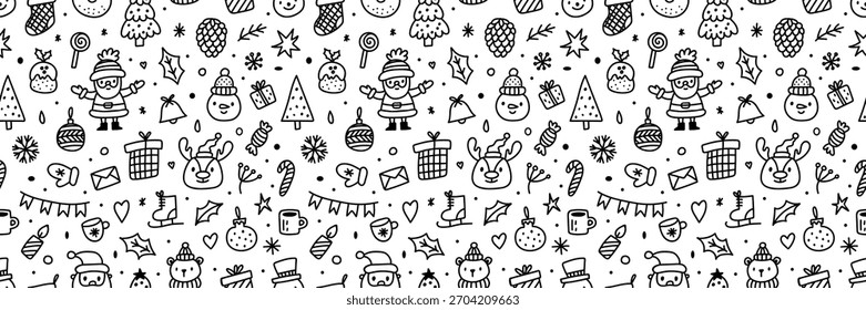 Nahtloses Weihnachtsdoodle-Muster mit handgezeichnetem Weihnachtsmann, Rentieren, Schneemännern, Geschenken, Bäumen, Ornamenten, heiligen Bonbons, Strümpfen, festlichen Elementen. Schwarz-weißer Hintergrund, perfekt für den Urlaub