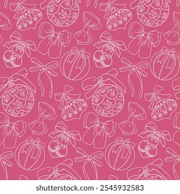 Seamless Christmas doodle pattern with Christmas ornaments and bows in white outline on pink background. Festive, elegant, and perfect for holiday wrapping paper, textiles, and decor. Vector design
