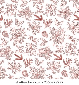 Seamless Christmas doodle pattern with winter florals. Hand drawn vector poinsettia flowers, holly leaves and pine branches in red line art on white background. Perfect for wrapping paper, textile