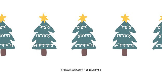 Seamless Christmas doodle tree vector border hand drawn. Decorative repeating Winter holiday design for Christmas decoration, banners, ribbons, greeting cards, digital scrapbooking