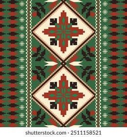Seamless Christmas ethnic pattern. New year vintage with red flower and snowflake.