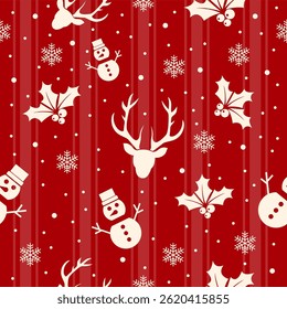 Patrón de tela de Navidades sin costuras con Elementos festivos como renos, copos de nieve, árboles y decoraciones navideñas en colores tradicionales rojo y verde.