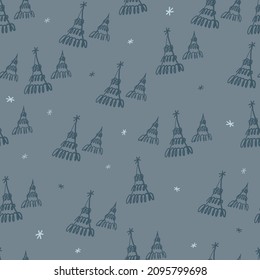 estampado festivo de navidad sin fisuras sobre fondo azul con pino dibujado a mano y estrella