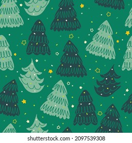 seamless christmas festive pattern on green background cute hand draw layers pine tree and little stars