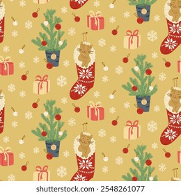 Seamless Christmas flat pattern with festive stockings and cats, decorated gift boxes and Christmas tree on yellow background. Vector hand drawn illustration. Perfect for wrapping paper and textile