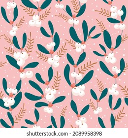 Seamless Christmas floral pattern with branches, leaves and berries