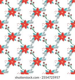 	Seamless Christmas floral pattern with branches, leaves and winter berries.