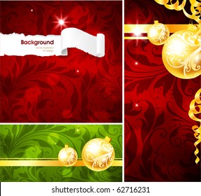 Seamless Christmas Floral Pattern with leafs, flowers and xmas balls with ribbons. Green and golden. eps 10.