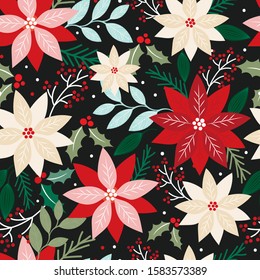 Seamless Christmas Floral With Poinsettia And Leaf On Dark Background, Vector Illustration