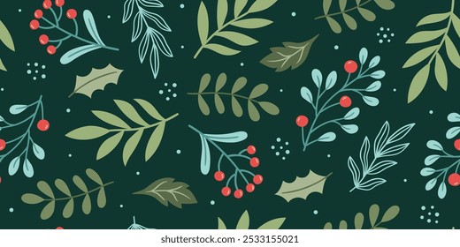 Seamless Christmas folk pattern with leaves, berries, plants