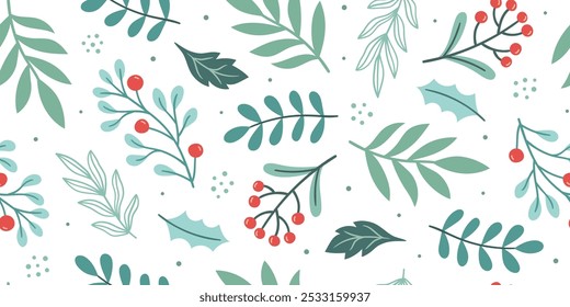 Seamless Christmas folk pattern with leaves, berries, plants