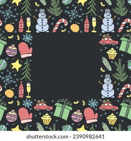Nahtlose Weihnachtsrahmen. Neuer Hintergrund. Dodle-Illustration mit Weihnachten und neuen Jahresbildern