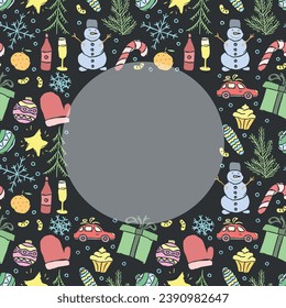 Seamless christmas frame. New year background. Doodle illustration with christmas and new year icons