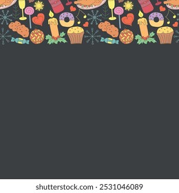 Marco de Navidad sin fisuras. Antecedentes de Nuevo año. Ilustración de Doodle con iconos de Navidad y año nuevo