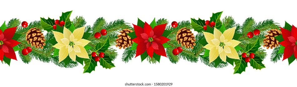 Seamless Christmas garland, decorative Christmas elements, pine cones, Christmas holly, red berries, Poinsettia. Festive mood. Isolate on a white background. Vector image