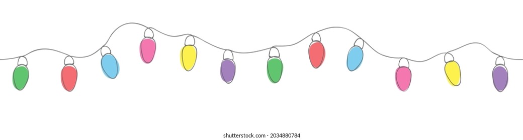 seamless christmas garland of light bulbs of different colors drawn by one solid line in doodle style on a white background