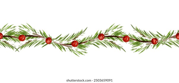 Seamless Christmas garland pine tree twig and red holly berry, watercolor border line ribbon design