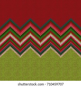 Seamless Christmas geometric knitted pattern. Style green white red background
