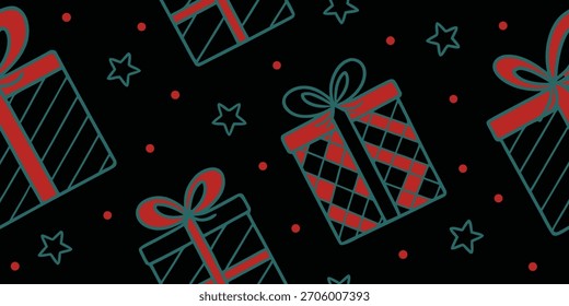 Modelo inconsútil de la caja de regalo de la Navidad con las estrellas y los puntos en un fondo negro. Perfecto para envolver papel festivo, impresiones textiles y proyectos de decoración navideña. Diseño de temporada moderno y elegante.