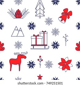 Seamless Christmas gift pattern with elk, snowflakes, pine cone, sledge and gift boxes, poinsettia, bell, mountains. Line art vector illustrations.