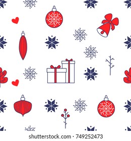 Seamless Christmas gift pattern with stars, snowflakes, bells, balls and box of present. Line art vector illustrations.