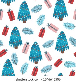 Seamless Christmas Gift Pattern. Stylized Christmas gift boxes, trees. Idea for fabric, tablecloth pattern, wrapping paper, gift paper. 