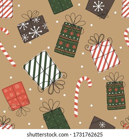 Seamless Christmas gift with red and green colored in look brown craft paper background